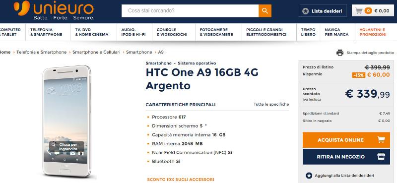 HTC One A9 in offerta oggi a 339€ su Unieuro online